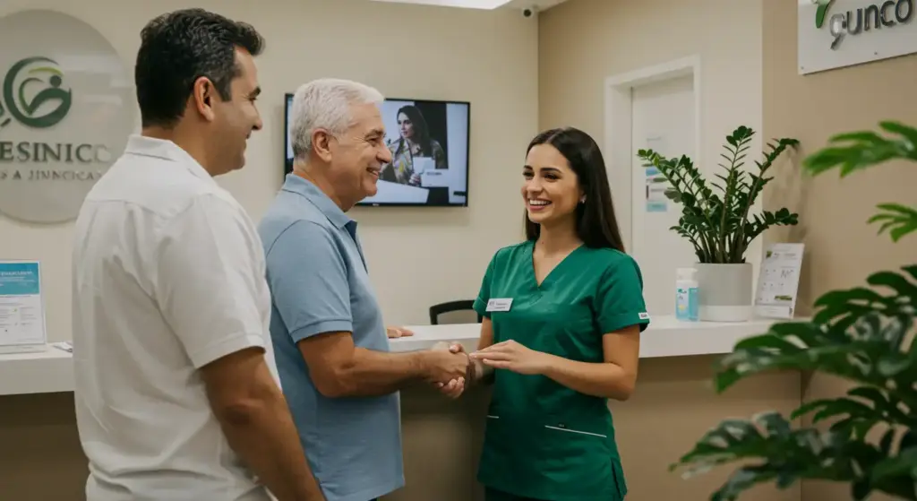 Recepção de clínica eficiente com equipe sorridente atendendo paciente com cordialidade e profissionalismo em ambiente bem organizado.