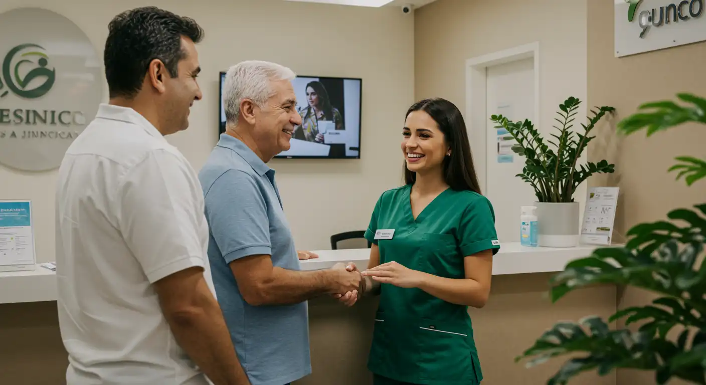 Recepção de clínica eficiente com equipe sorridente atendendo paciente com cordialidade e profissionalismo em ambiente bem organizado.