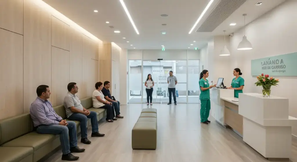 Recepção de clínica médica moderna e organizada, com pacientes aguardando na sala de espera e equipe de atendimento eficiente no balcão.