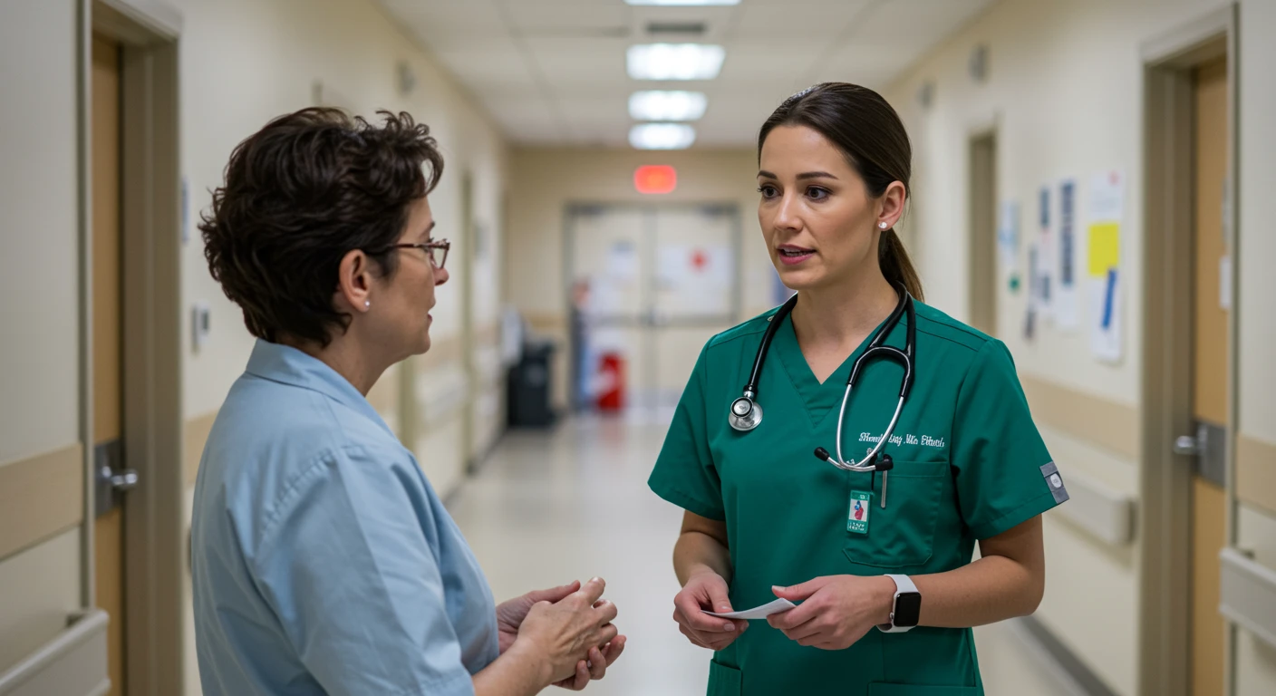 Profissional de saúde, possivelmente uma fisioterapeuta ou otorrinolaringologista, atendendo paciente em hospital, tema relacionado ao CID H81 - Transtornos da função vestibular.