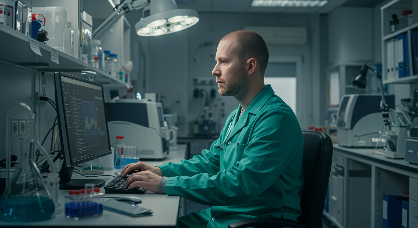 Imagem de um laboratório com um médico ou pesquisador analisando dados em um computador, relacionado ao CID K40 - Hérnia inguinal.