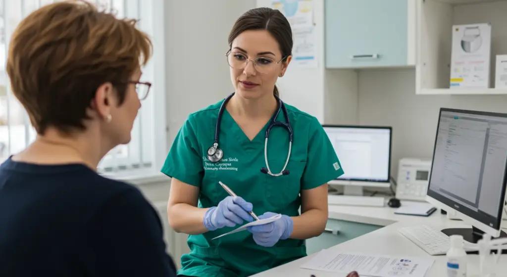 Médica especializada explica sintomas de CID N93 - Outros sangramentos anormais do útero e da vagina para paciente em consultório ginecológico.