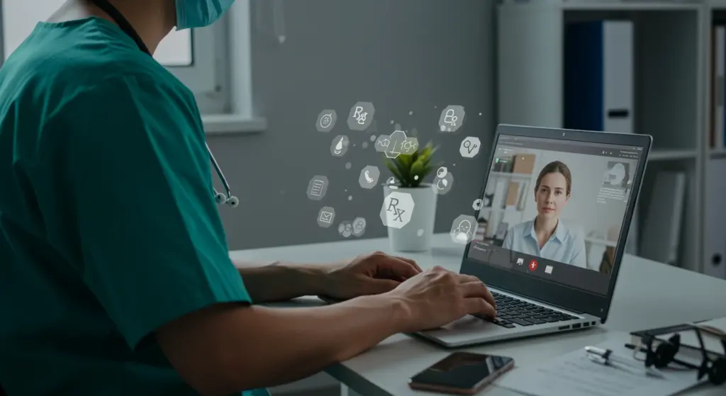 Médico realizando uma consulta via telemedicina para emissão de receita médica online, com gráficos de medicamentos e saúde ao redor.