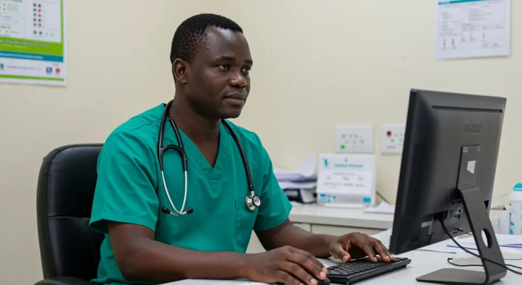 Paciente médico avaliando registros de saúde relacionados à CID R52 dor não classificada em outra parte em uma clínica ou hospital.