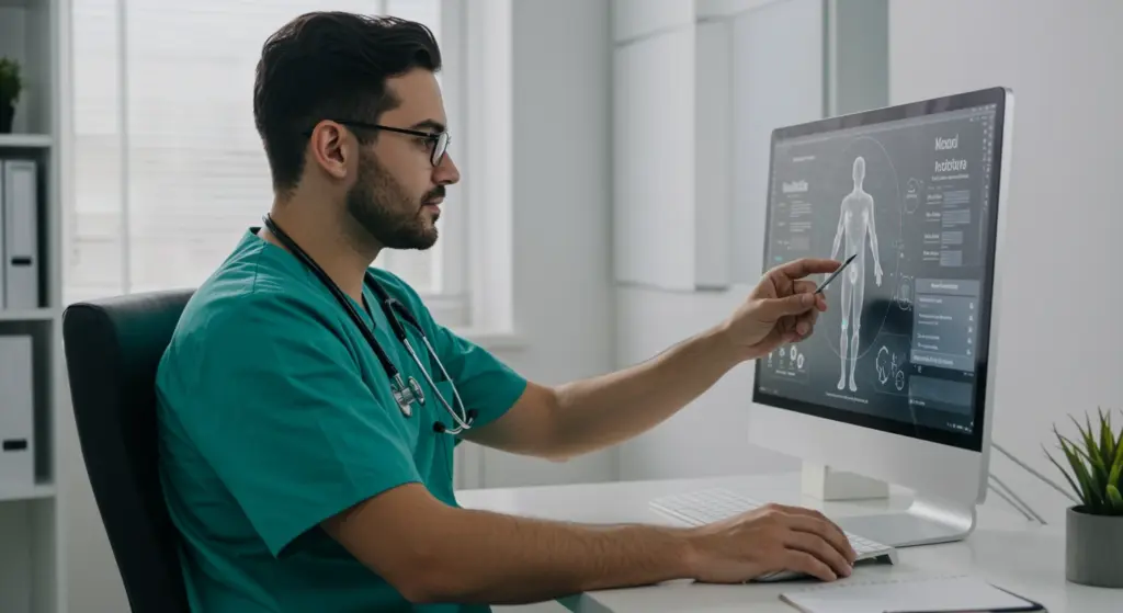 Médico analisando uma avaliação médica digital no computador, explicando como funciona a receita médica online.