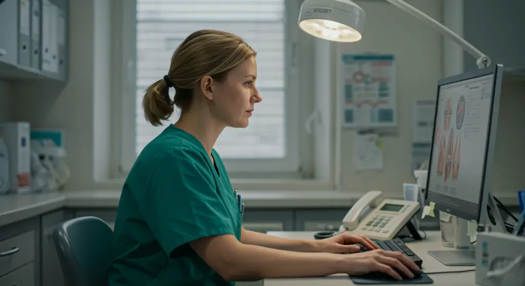 Profissional de saúde analisando imagens de exames de' ombro em um computador, focada na avaliação de lesões do ombro, incluindo CID M75.