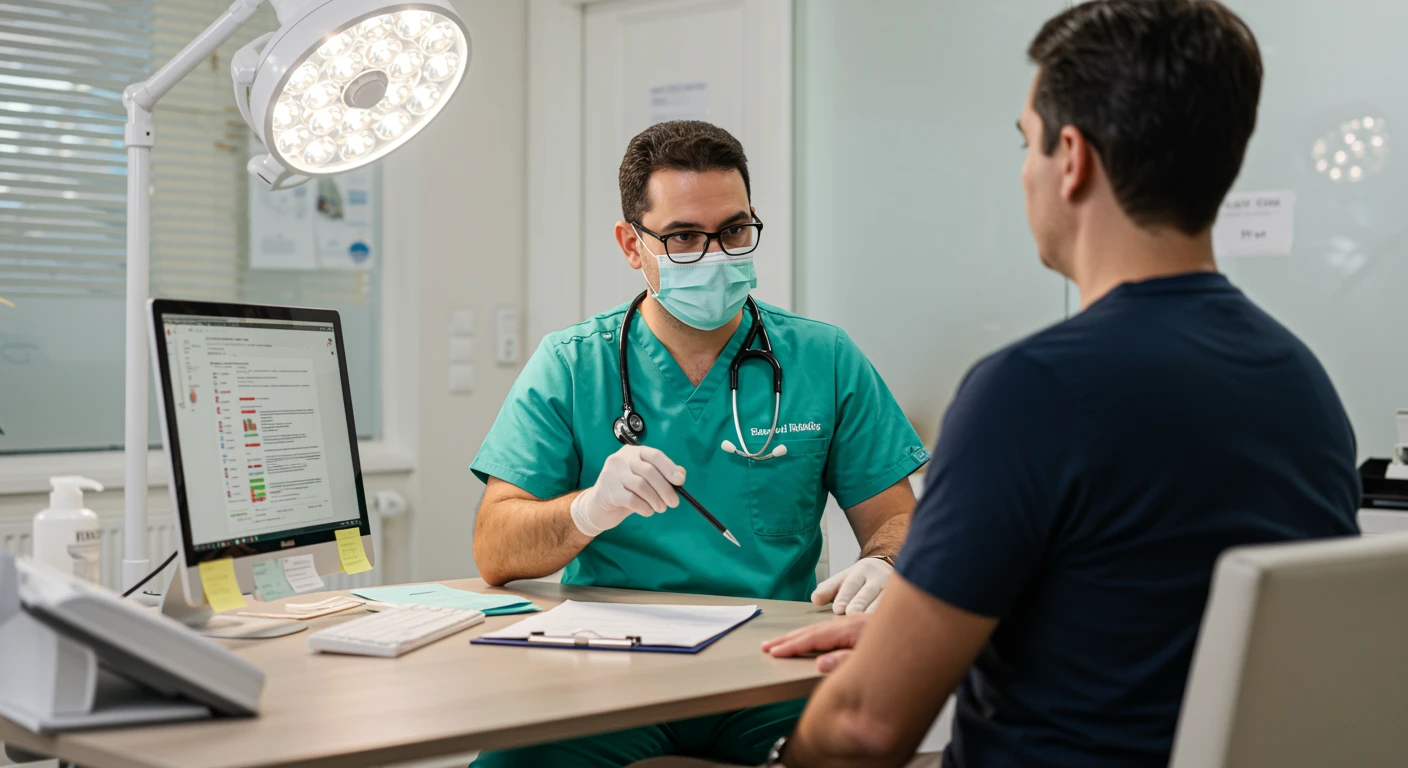 Médico explicando sobre CID K42 – Hérnia umbilical ao paciente em consulta médica.