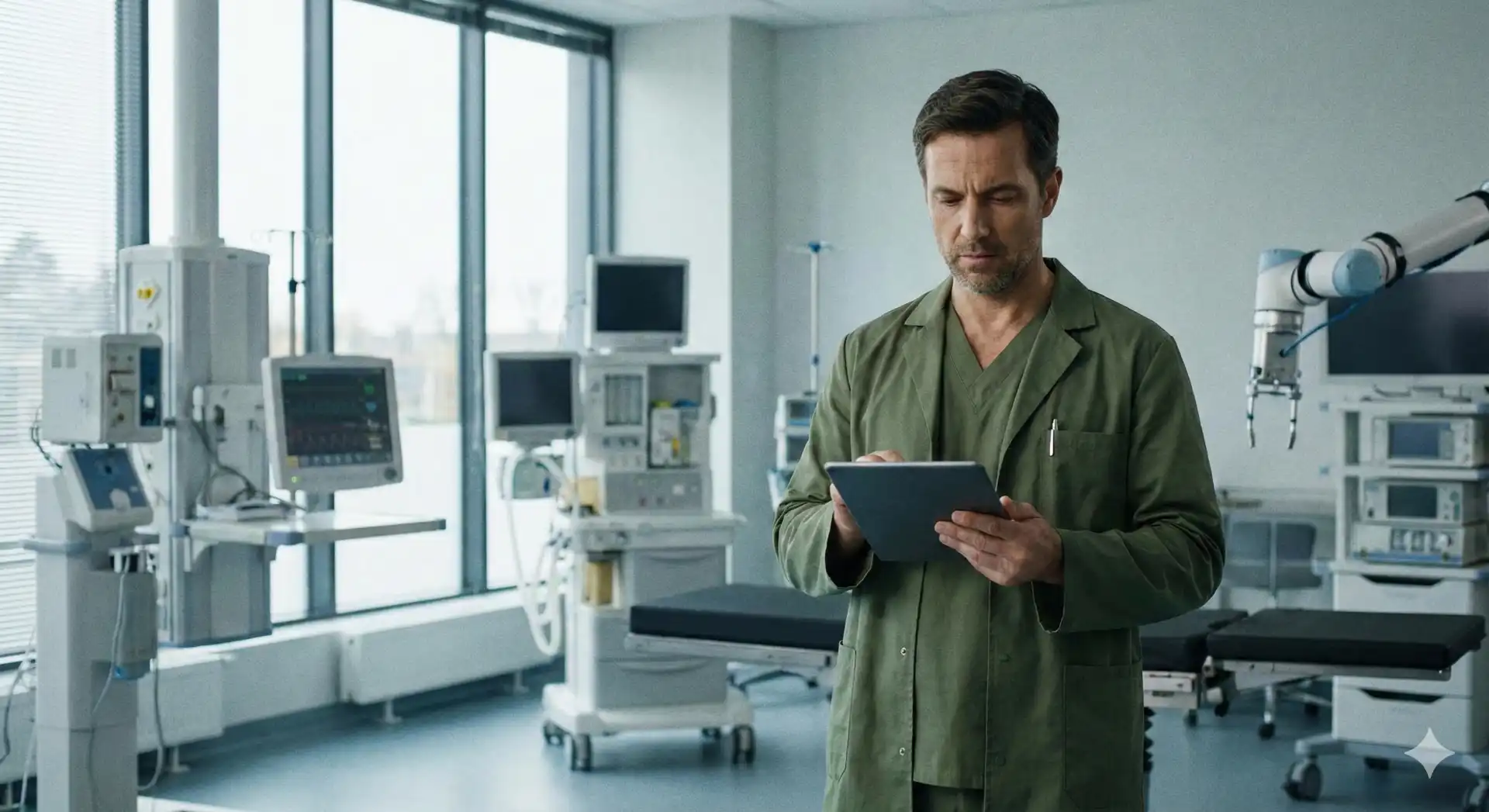 Paciente com CID F20 - Esquizofrenia em consulta médica em ambiente hospitalar moderno, com equipamentos de controle e avaliação da saúde mental.