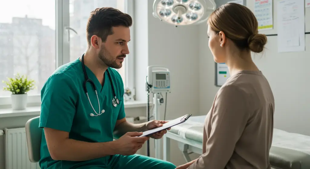 Médico discutindo diagnóstico de insuficiência cardíaca com paciente em consultório, destacando a importância do CID I50 para classificação da condição.