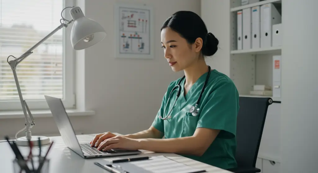 Médica avaliando informações no computador para tratamento de CID E66 - Obesidade, condição de saúde que afeta milhões de pessoas e requer atenção médica especializada.