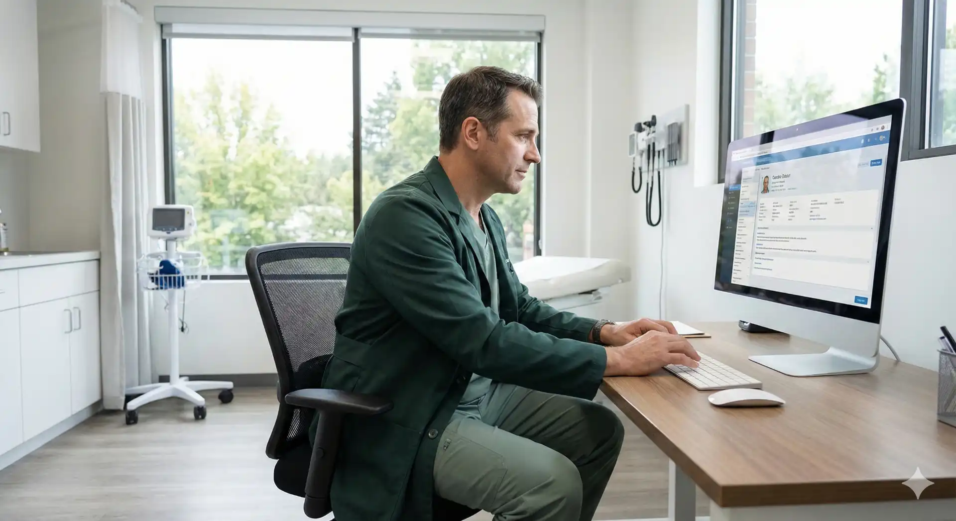 Médico ao consultar um paciente em clínica, discutindo sintomas de CID R07 - Dor de garganta e no peito, com foco na avaliação da saúde respiratória.