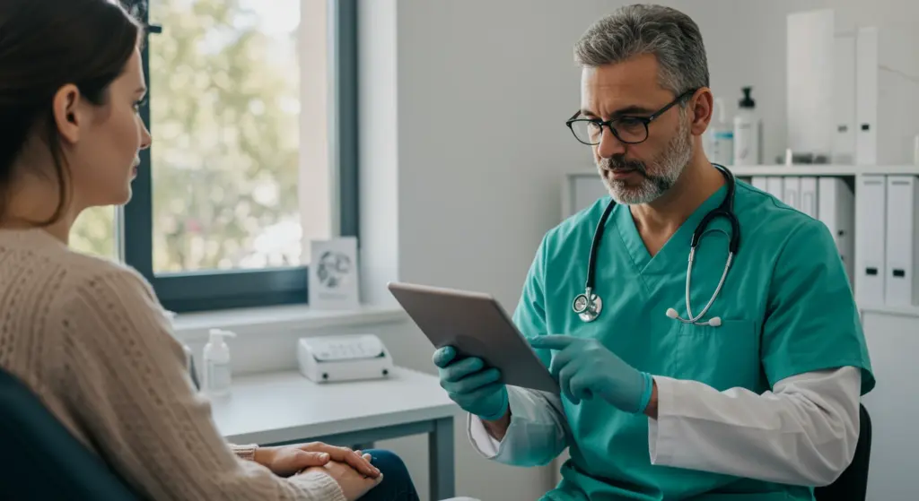 Médico explicando para paciente informações sobre CID N19 – Insuficiência renal não especificada em consultório médico.