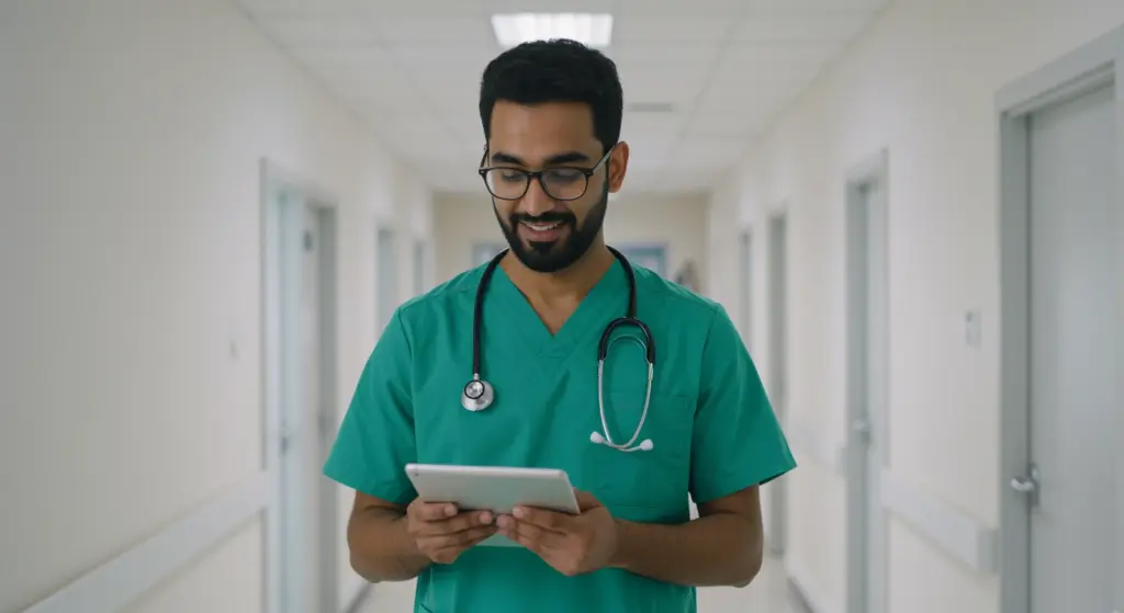 Profissional de saúde usando uniforme verde, óculos e estetoscópio, segurando tablet em ambiente de hospital, relacionado ao CID J12.