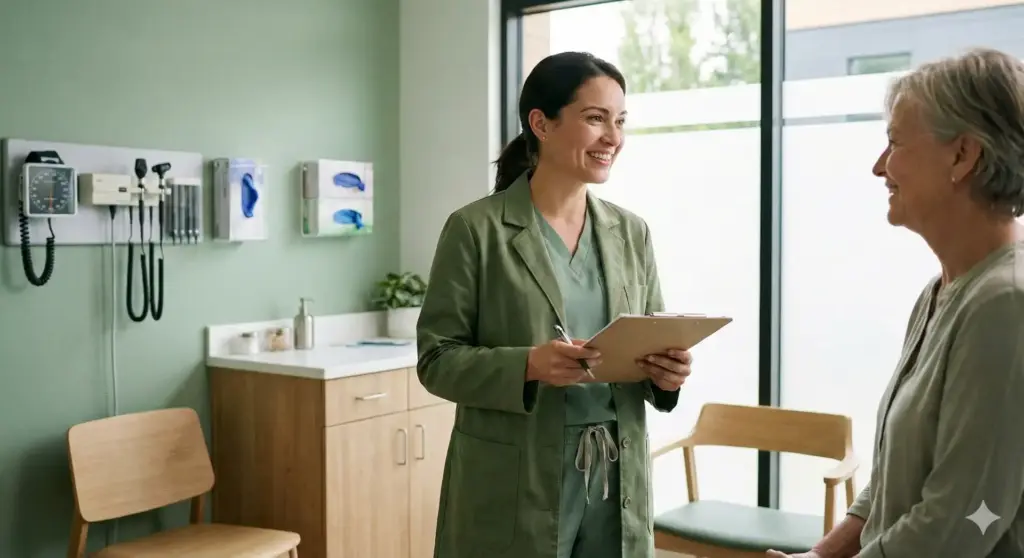 Profissional de saúde conversando com paciente em consultório, promovendo atendimento para transtornos de discos intervertebrais, incluindo CID M51.