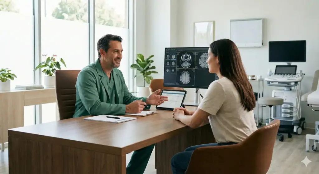 Paciente conversando com médico especialista em doenças da mama, com imagens de exames de mama na tela do computador, em ambiente de consultório.