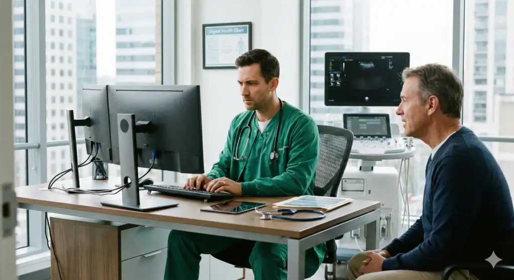 Consulta odontológica com médico e paciente em centro de saúde voltada para diagnóstico de dentes inclusos e impactados, com foco na classificação CID K01.