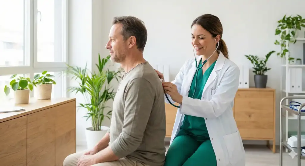 Médica realizando consulta com paciente para avaliação de síndromes de cefaleia, incluindo CID G44 - Outras síndromes de cefaleia, em consultório bem iluminado.