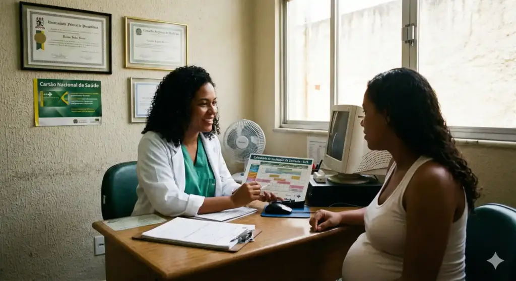 Consultora médica realiza acompanhamento de gravidez de alto risco com uma gestante, discutindo cuidados especiais em consulta médica para CID Z35.