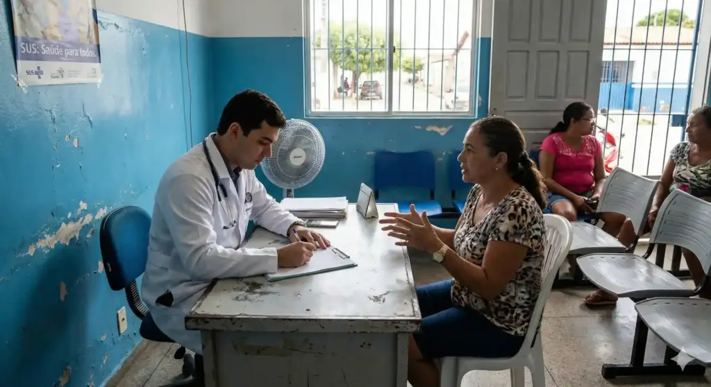 Profissional de saúde atendendo paciente em consultório, relacionado ao CID E10 - Diabetes mellitus tipo 1. Ambiente de clínica com várias pessoas na sala de espera.