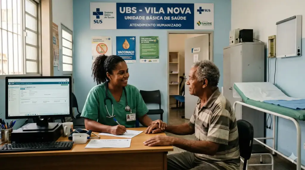 Paciente sendo atendido por uma profissional de saúde na Unidade Básica de Saúde Vila Nova, em atendimento humanizado para avaliação de transtornos mentais relacionados ao uso de álcool, conforme o CID F10.