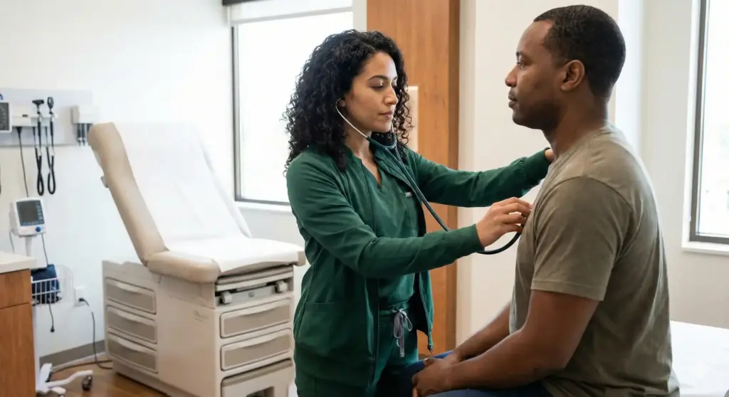 Médica realizando avaliação médica em paciente masculino em consultório, relacionado ao CID E78 – Distúrbios do metabolismo de lipoproteínas e outras lipidemias.