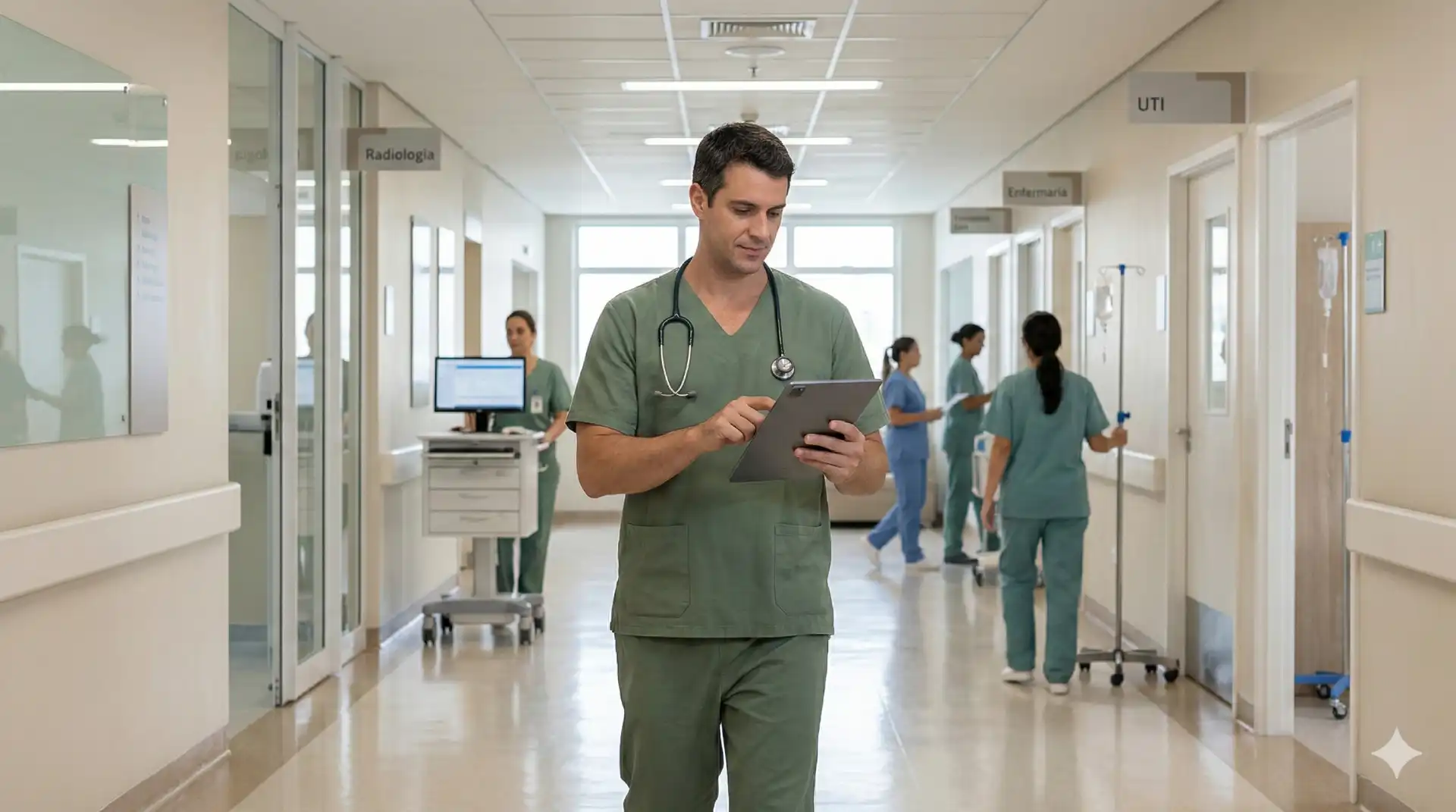 Profissional de saúde analisando prontuário no corredor de hospital, com equipe médica ao fundo, relacionada a CID D17 - Neoplasia Lipomatosa Benigna.