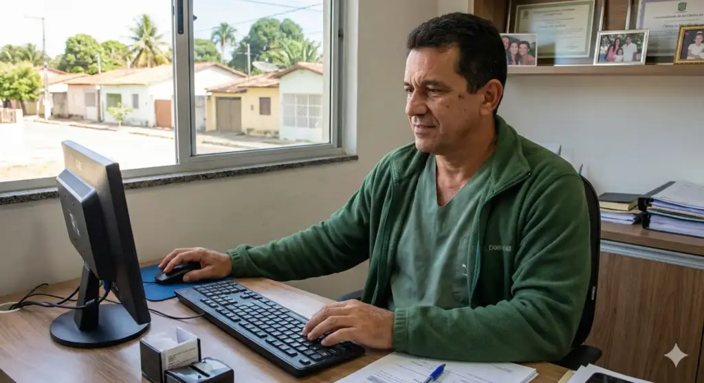 Imagem de um médico em consultório, trabalhando em um computador, representando o tema CID L02 – Abscesso cutâneo, furúnculo e antraz.