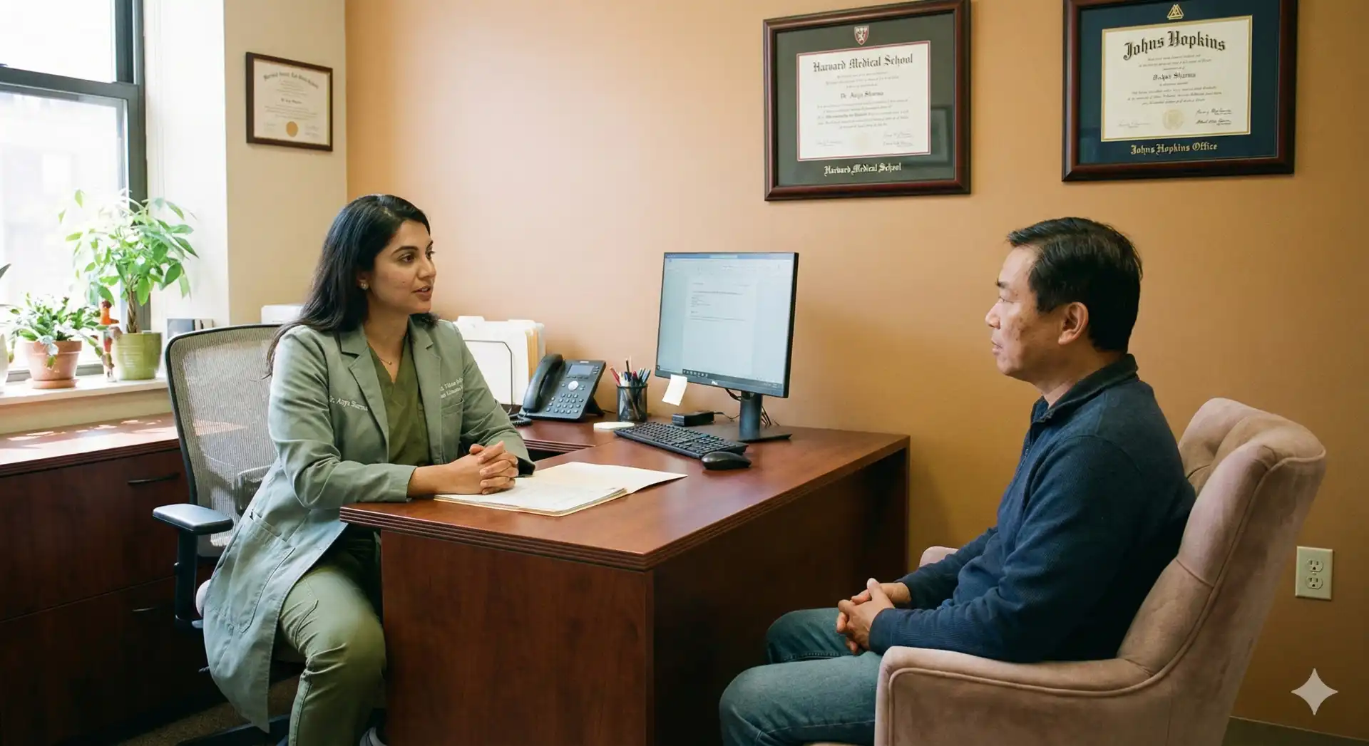 Consulta médica para CID R05 - Tosse, explicando sintomas a paciente em escritório de clínica médica.