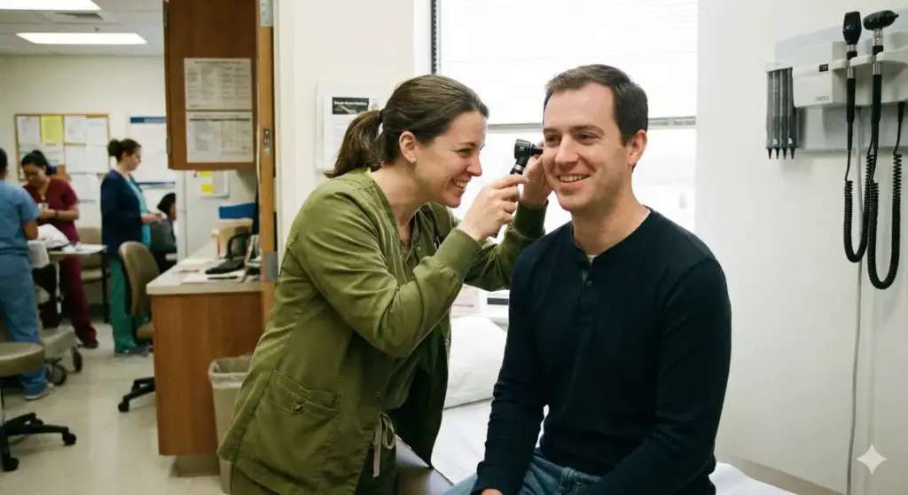 Imagem de uma consulta médica onde uma profissional examina um paciente, possivelmente em um hospital ou clínica, relacionada ao CID S82 – Fratura da perna, incluindo tornozelo.