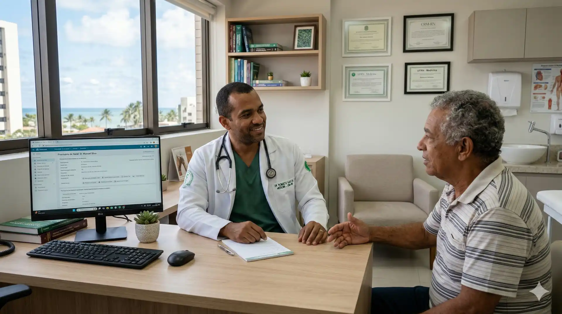 Consulta médica com um profissional de saúde atendendo um paciente idoso, relacionada ao CID F33 – Transtorno Depressivo Recorrente, em clínica bem iluminada com vista para o mar.