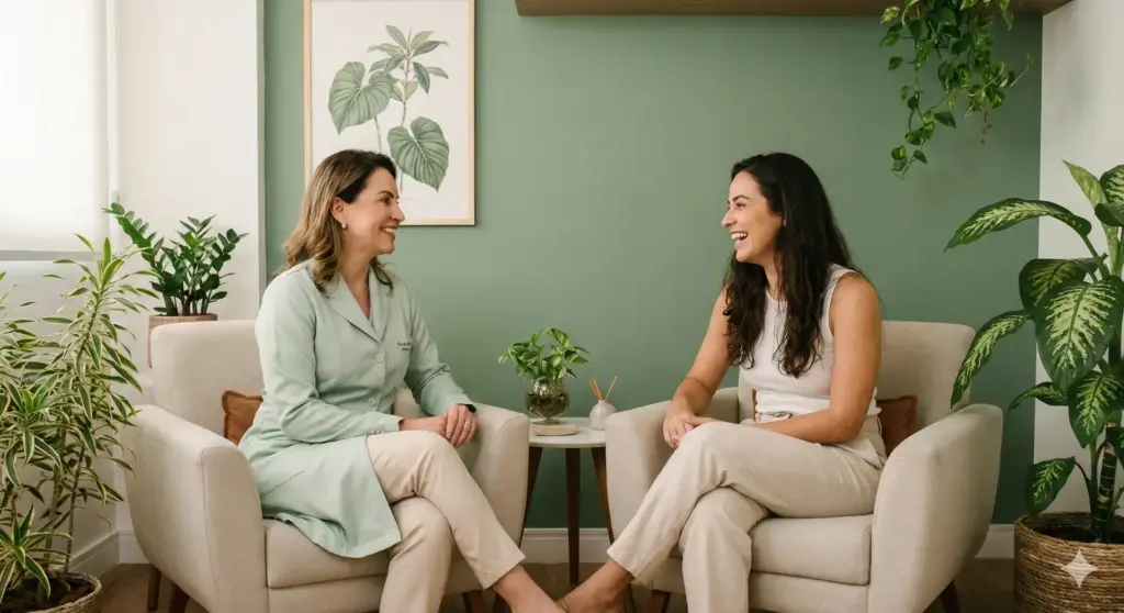 Duas mulheres sorridentes em consulta de procedimentos estéticos, sentadas em ambiente tranquilo com plantas e decoração moderna, discutindo opções de tratamentos estéticos.
