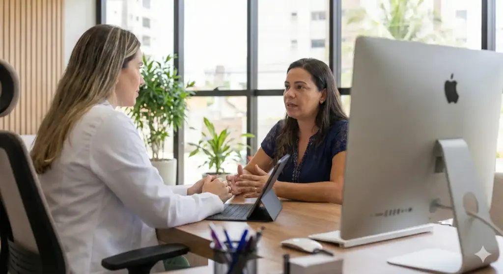 Profissional de saúde e paciente em consulta, com foco em dermatite atópica, no ambiente de um escritório moderno com computador iMac e plantas de interior.