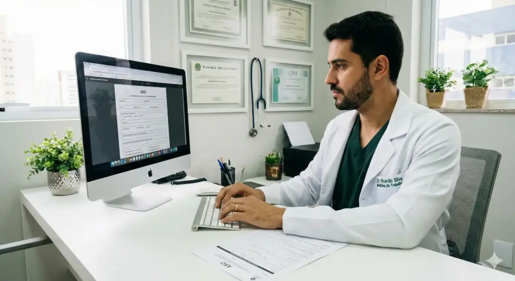 Médico realizando exame admissional em consulta para avaliação de saúde do trabalhador.