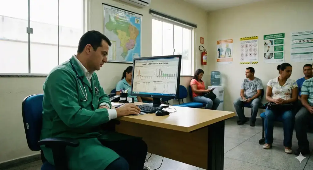 Profissional de saúde realizando exame admissional com grupo de candidatos na sala de avaliação, com foco na importância da avaliação médica para contratação de trabalhadores.