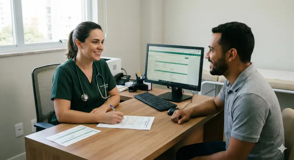 Profissional de saúde realizando exame admissional com um candidato em consultório, com computador e documentos na mesa.