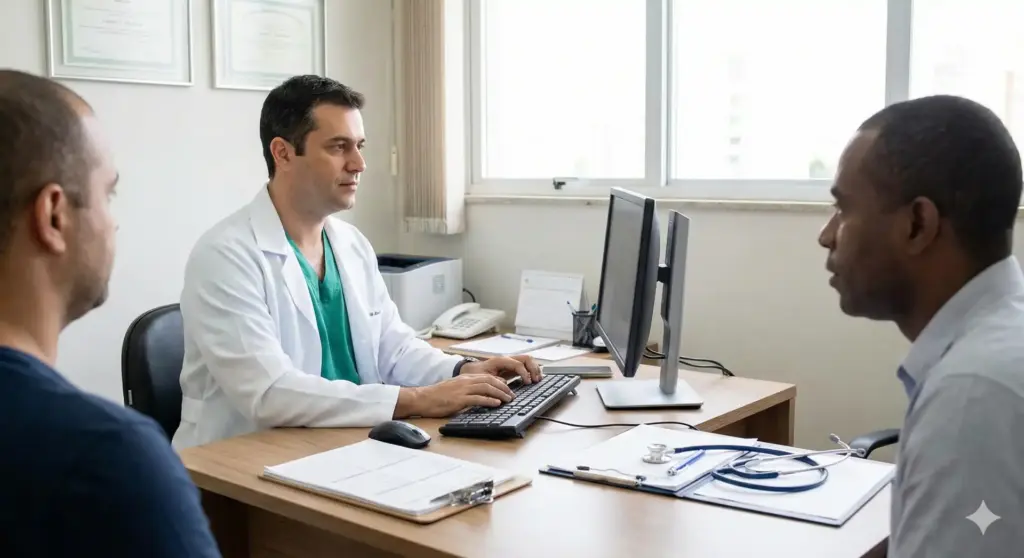 Profissional de saúde realizando exame admissional com dois candidatos em consultório.