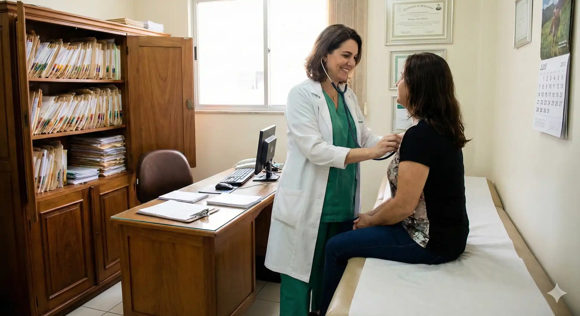 Profissional de saúde realizando exame admissional em uma paciente em consultório médico, com foco na avaliação médica necessária para contratação.