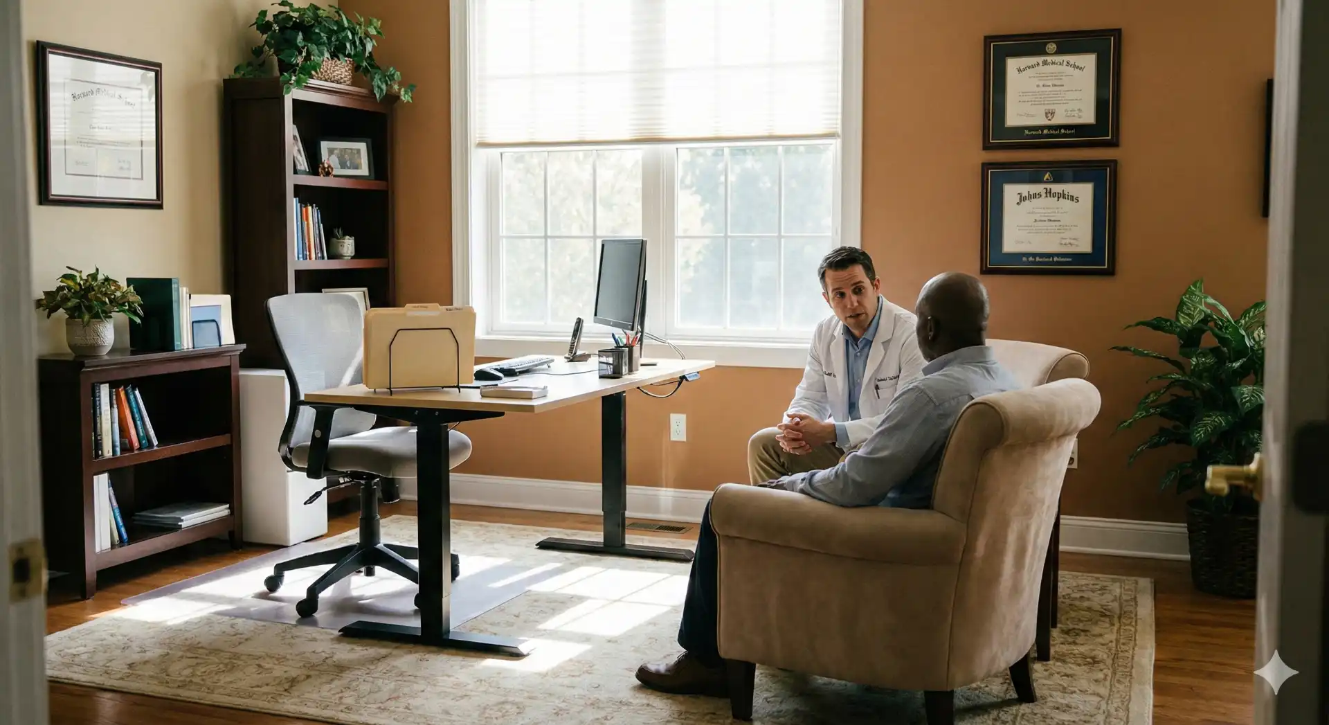 Paciente com ferimento no punho e na mão durante consulta médica para avaliação do CID S61, na sala de um consultório com um profissional de saúde realizando o atendimento.