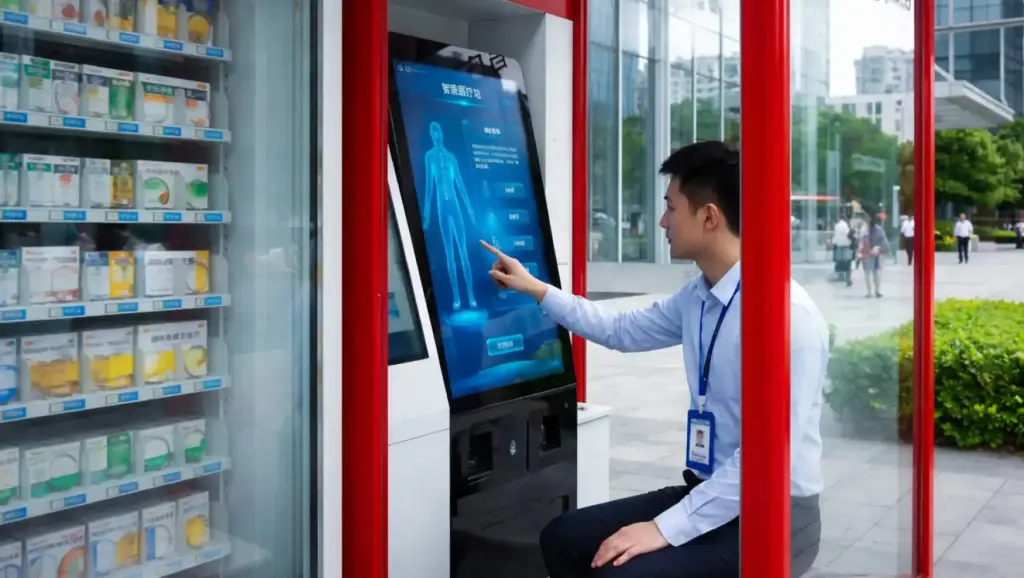 Homem usando um dos quiosques médico chineses para autoatendimento na área de farmácia, apoiado por uma conexão digital, ao lado de prateleiras com medicamentos na cidade.