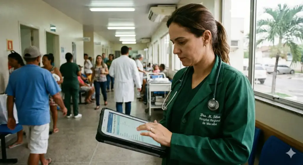 Imagem de uma mulher médica analisando informações em um tablet em um hospital, com pacientes e profissionais de saúde ao fundo, relacionado a CID K80 - Colelitíase.