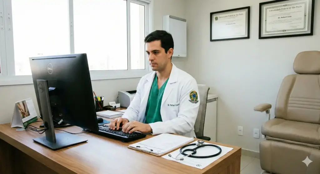 Médico em consultório avaliando paciente para CID E83 - Distúrbios do metabolismo de minerais, com computador, estetoscópio, e diploma na parede.