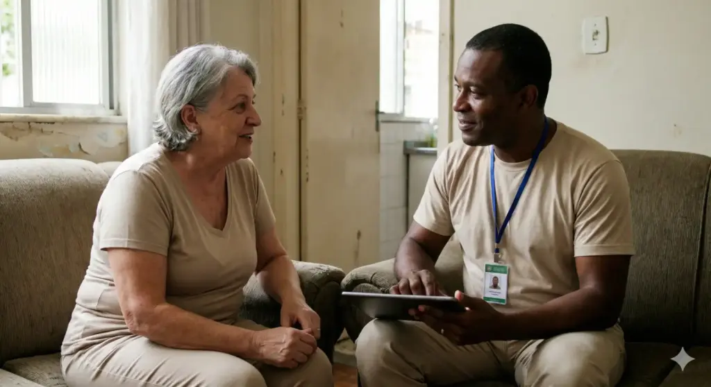 Profissional do Ministério da Saúde realizando entrevista com uma idosa em ambiente doméstico para Pesquisa Nacional de Saúde Mental no Brasil.