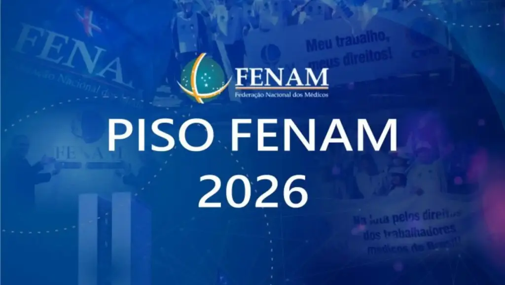 Imagem de divulgação do Piso Salarial dos Médicos para 2026, divulgado pela FENAM, destacando o reajuste baseado no INPC, com fundo azul e logotipo da federação.