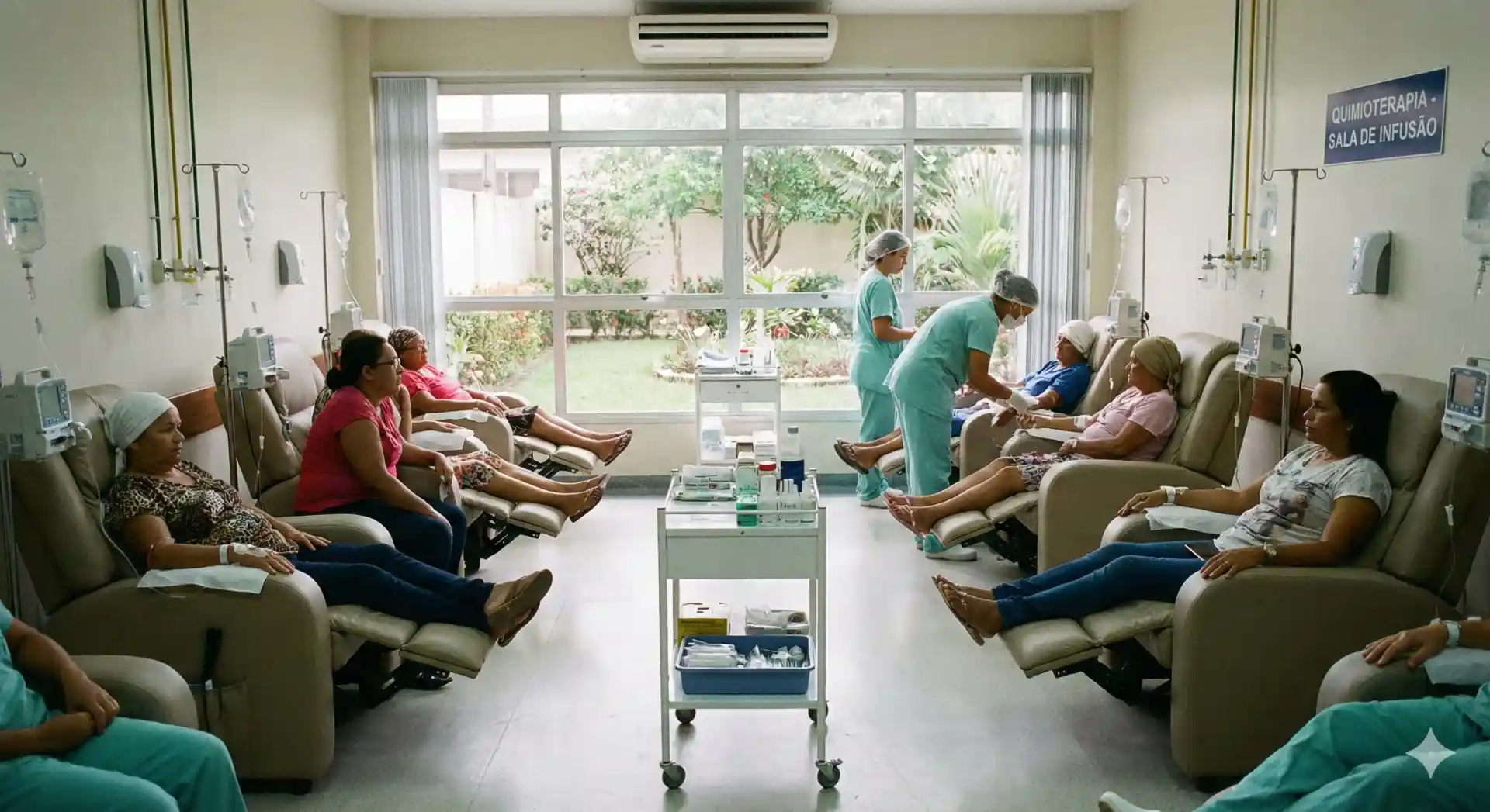Paciente recebendo tratamento de quimioterapia em sala de infusão, enfatizando a importância da prevenção do câncer e os 43% das mortes que poderiam ser evitadas