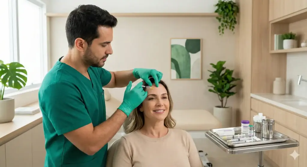 Dermatologista realizando procedimento estético em mulher sorridente em clínica de estética moderna, com plantas na decoração. Orientação sobre procedimentos estéticos populares.
