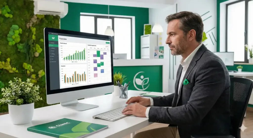 Homem sério analisando dados em um computador em um ambiente moderno, relacionado a procedimentos estéticos e saúde