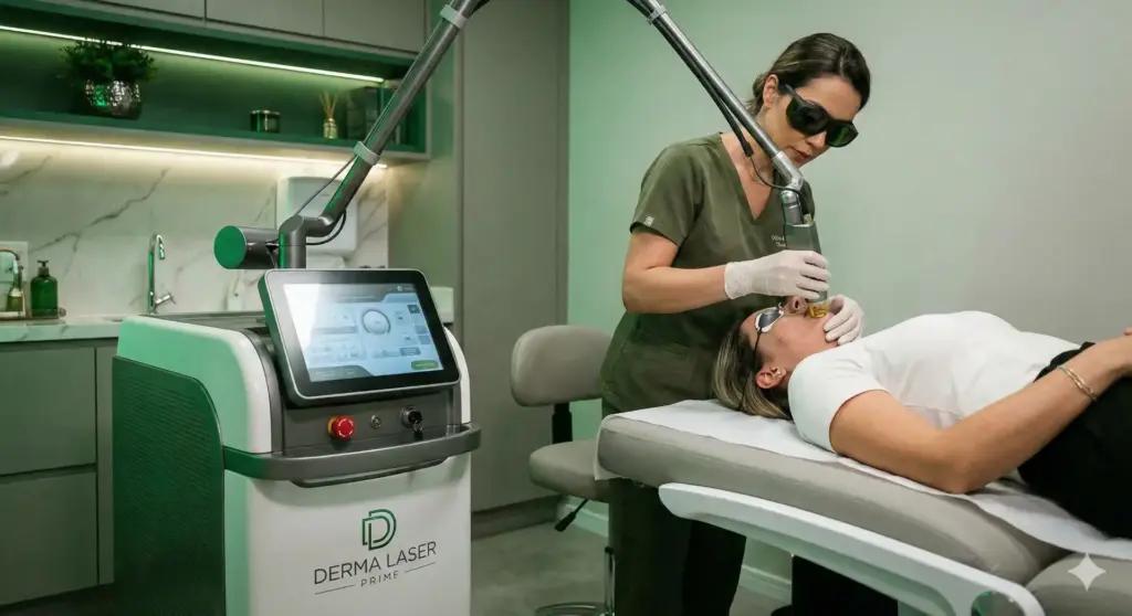 Procedimentos estéticos em realização com tecnologia moderna, mostrando uma profissional realizando um tratamento de laser em uma paciente, ambiente de clínica de estética bem equipado.