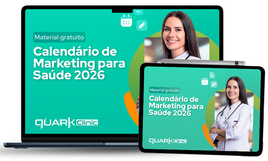 Imagem de um calendário de marketing para saúde 2026 exibido em telas de computador e tablet com uma profissional de saúde sorridente ao lado, promovendo material gratuito para gestão de saúde.