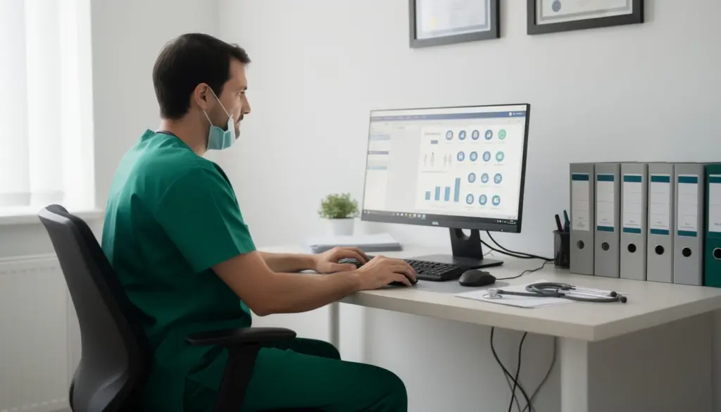 Profissional de saúde analisando dados de avaliação médica em computador, destacando a importância do diagnóstico e acompanhamento para bem-estar.