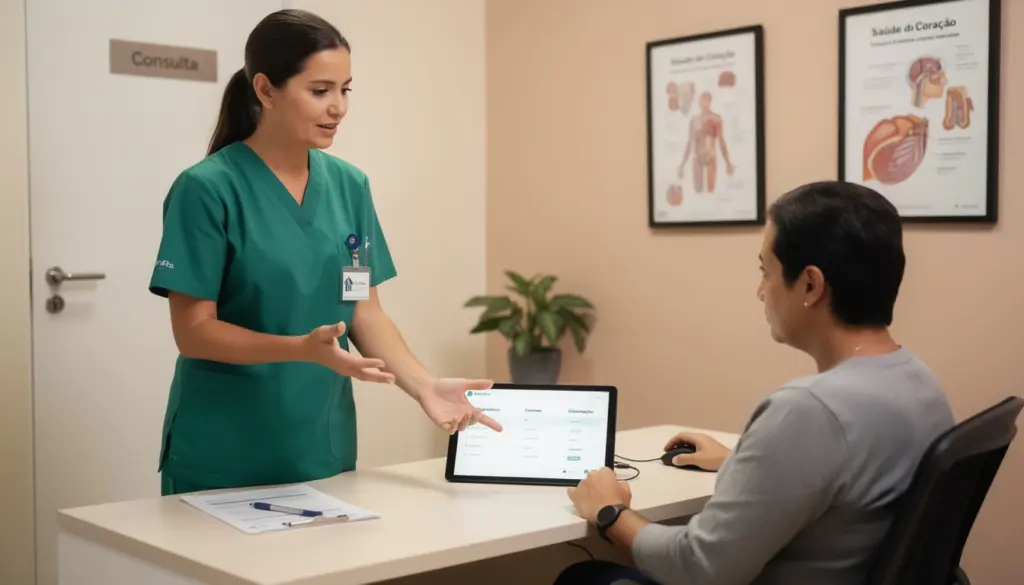 Profissional de saúde realizando avaliação médica com paciente em consultório, destacando a importância do procedimento para a saúde